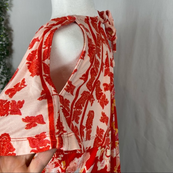NWT Free People Baja Babe Red Floral Flowy Tie Open Back Blouse Gathered Top - Picture 11 of 16